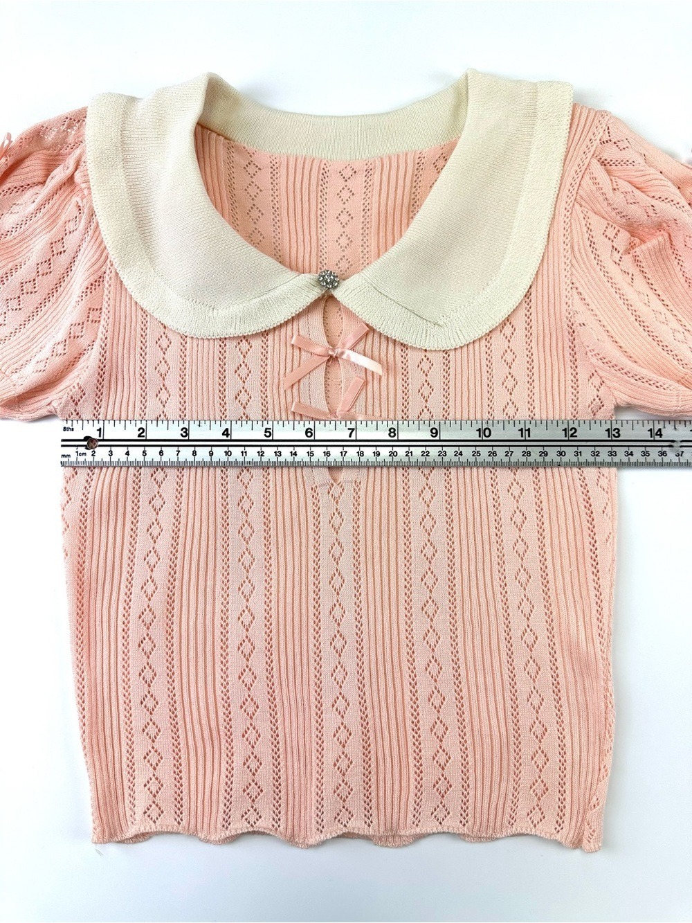 Coquette Peach Pointelle Knit Top Peter Pan Collar Bow Y2K Style Small Twee - Picture 2 of 4